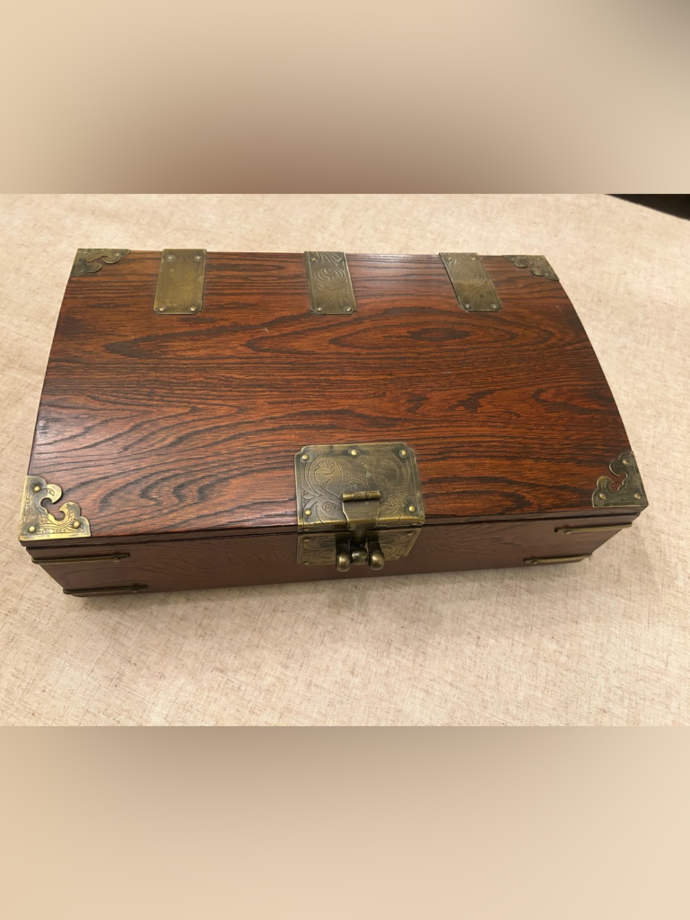 Vintage Asian Wood Document Box with Brass Engraved Fittings RL Aesthetic